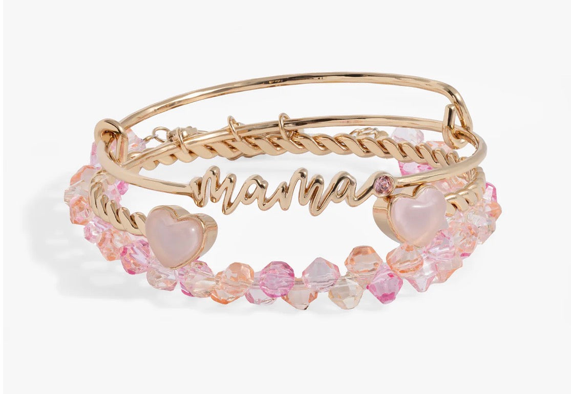 'Mama' Pink Beaded Bangle Set of 3